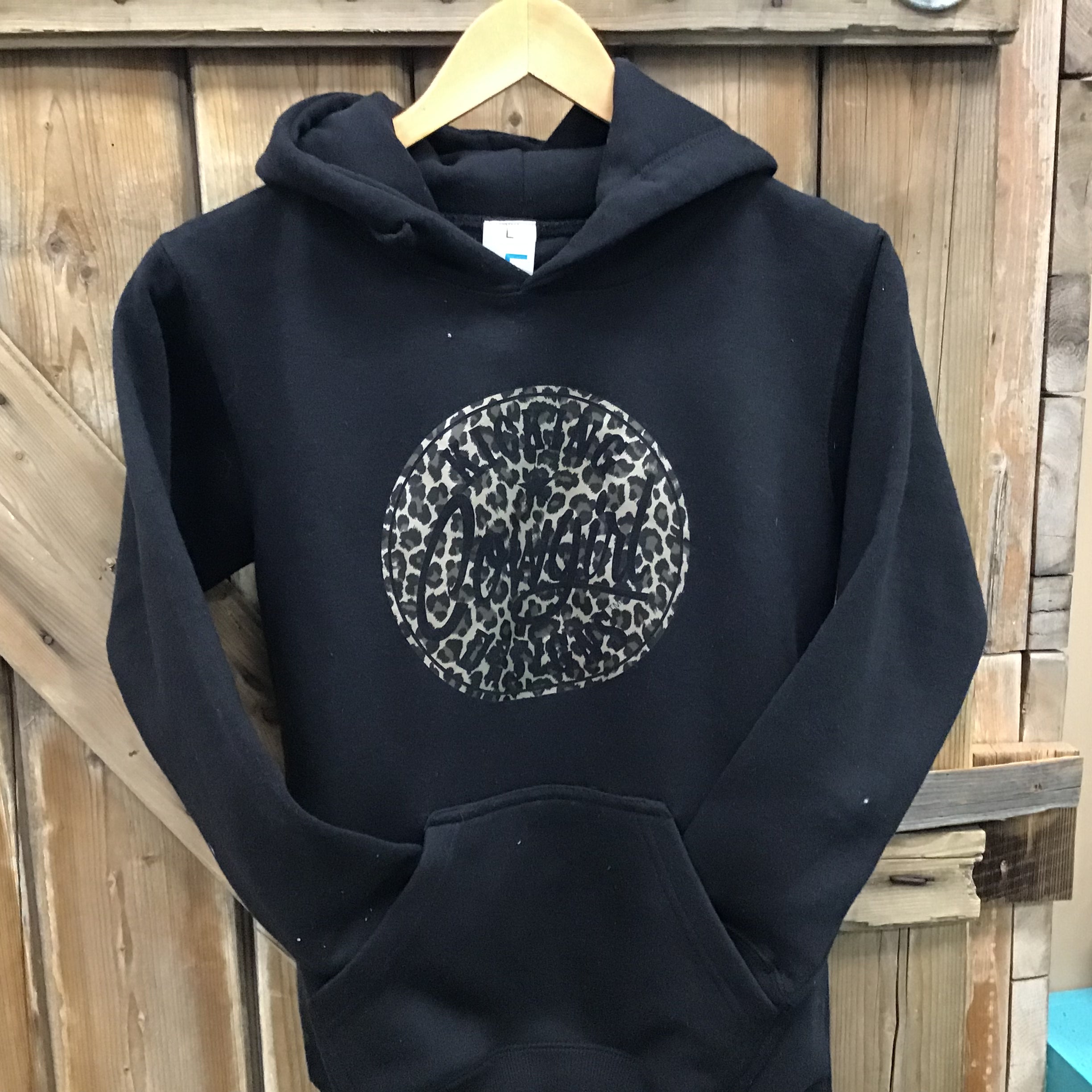 Youth Black Hoodie - Cowgirl Philly Leopard