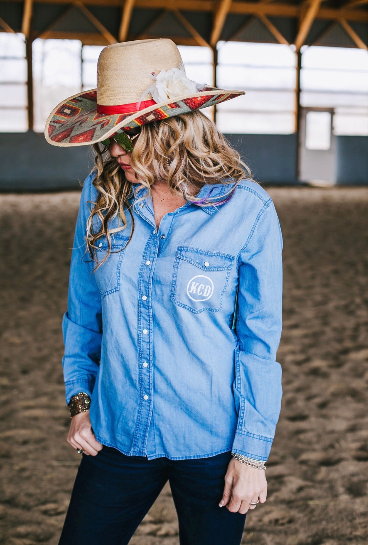 Women’s Denim Rodeo Shirt- KCD Logos White Sparkle