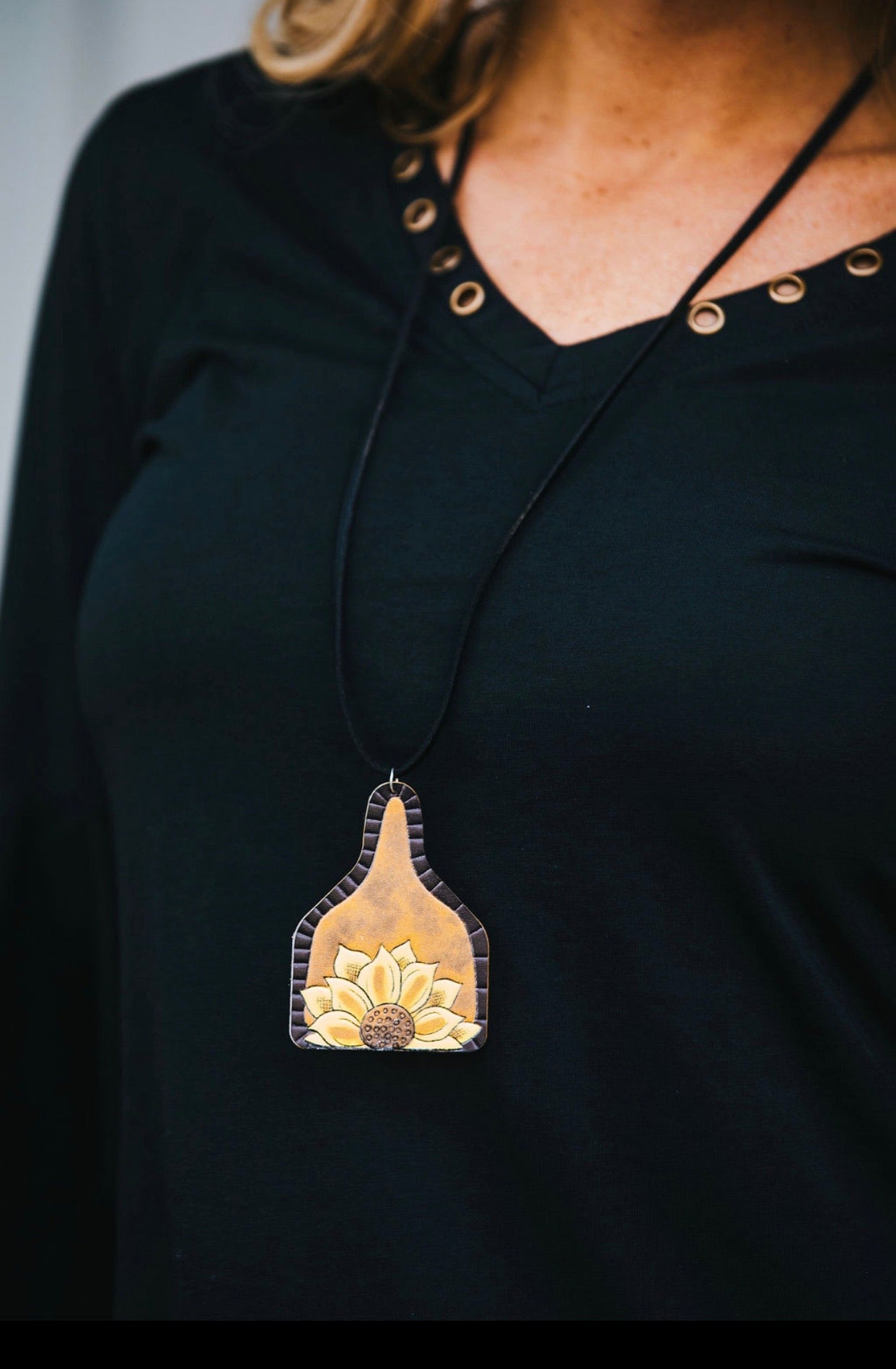 Sunflower CowTag Leather Necklace