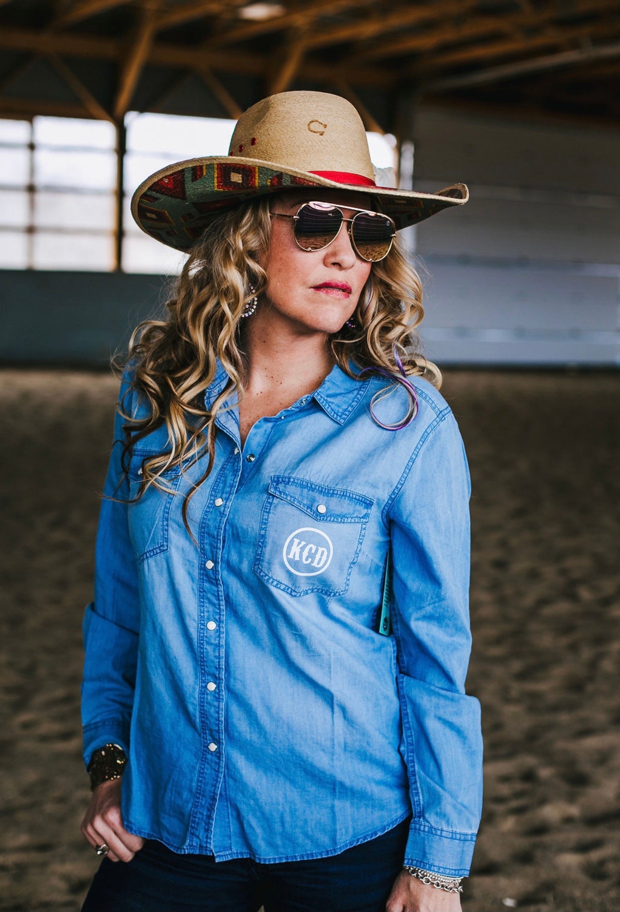 Women’s Denim Rodeo Shirt- KCD Logos White Sparkle